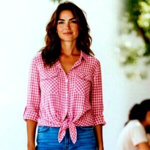 Jones New York Buffalo Check Tie up Button Down Front Blouse XL Red 127C